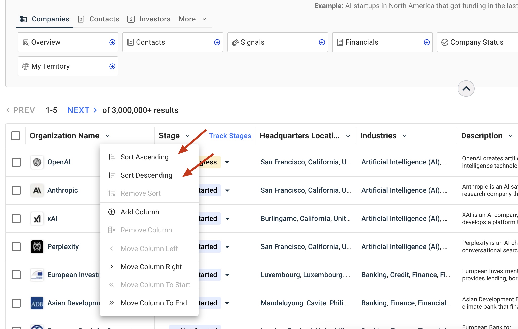 change crunchbase sorting