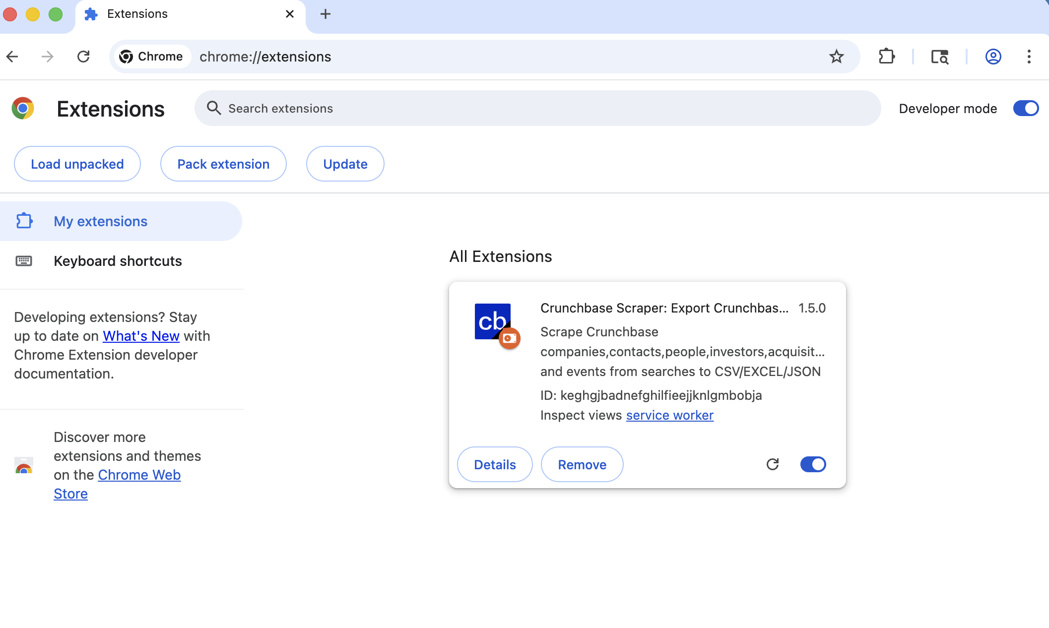 Crunchbase Scraper chrome extension install done