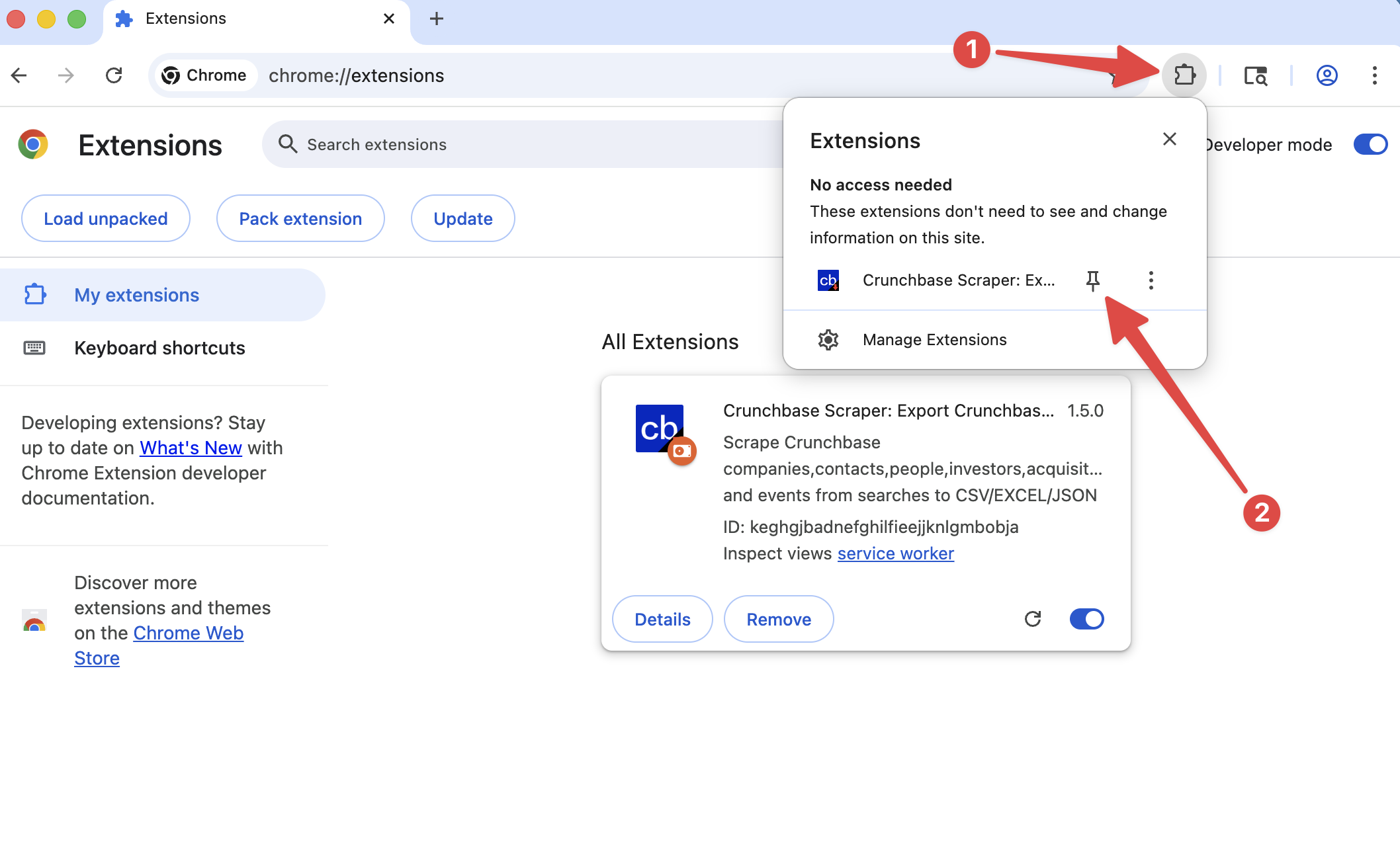 Crunchbase Scraper chrome extension install pin